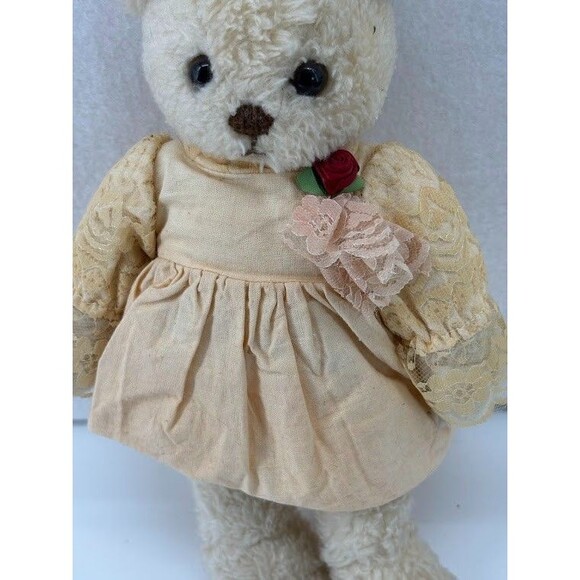 Christmas Corner Vintage White Bear 10" Lace Beige Dress with Roses - Picture 2 of 5